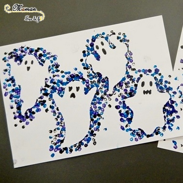 Créer des fantômes au coton-tige - Halloween et Peinture - Pointillisme et contour - Activité créative enfants - Décoration Halloween - Arts visuels - maternelle - mslf