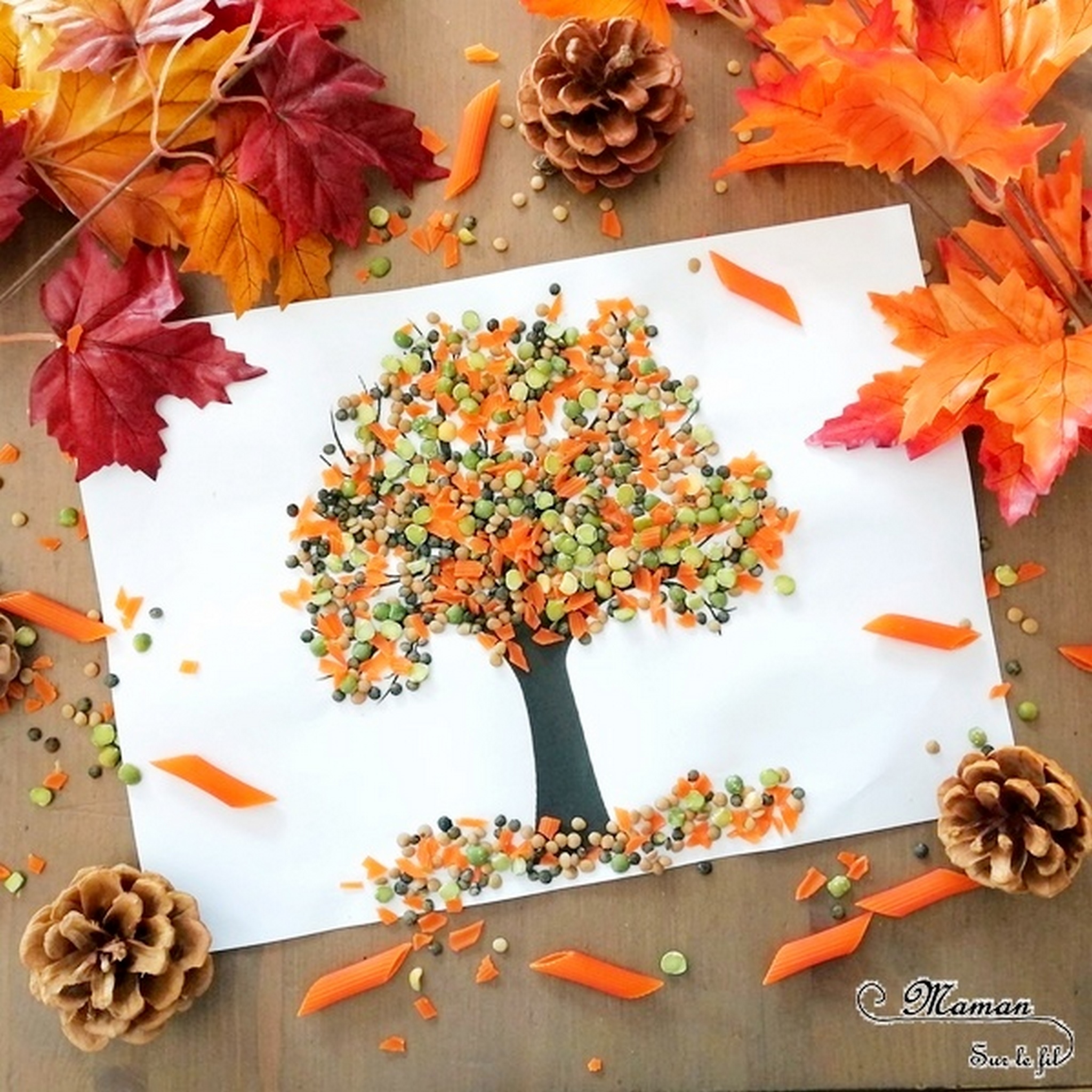 Activité enfant - Arbre d'automne en lntilles et pâtes corail - créative et manuelle - collage et motricité fine - Arts visuels maternelle - mslf