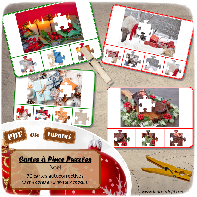 Jeu de cartes à pince - Puzzles - Thème Noël et ses traditions - 76 cartes autocorrectives de différents niveaux - 3 ou 4 propositions de réponses - Niveau 1 : pièces issues de puzzles différents - Niveau 2 : pièces issues du même puzzle - différents niveaux de difficulté - progressif - Autocorrection au dos : point grisé - Atelier autonome pré-scolaire, maternelle ou élémentaire - Cycles 1 et 2 - Document PDF à télécharger et imprimer ou jeu imprimé - Motricité fine et pince Pouce-Index avec pinces à linge, observation, discrimination visuelle, logique - ludique - Thème Hiver, fêtes de fin d'année - lslf