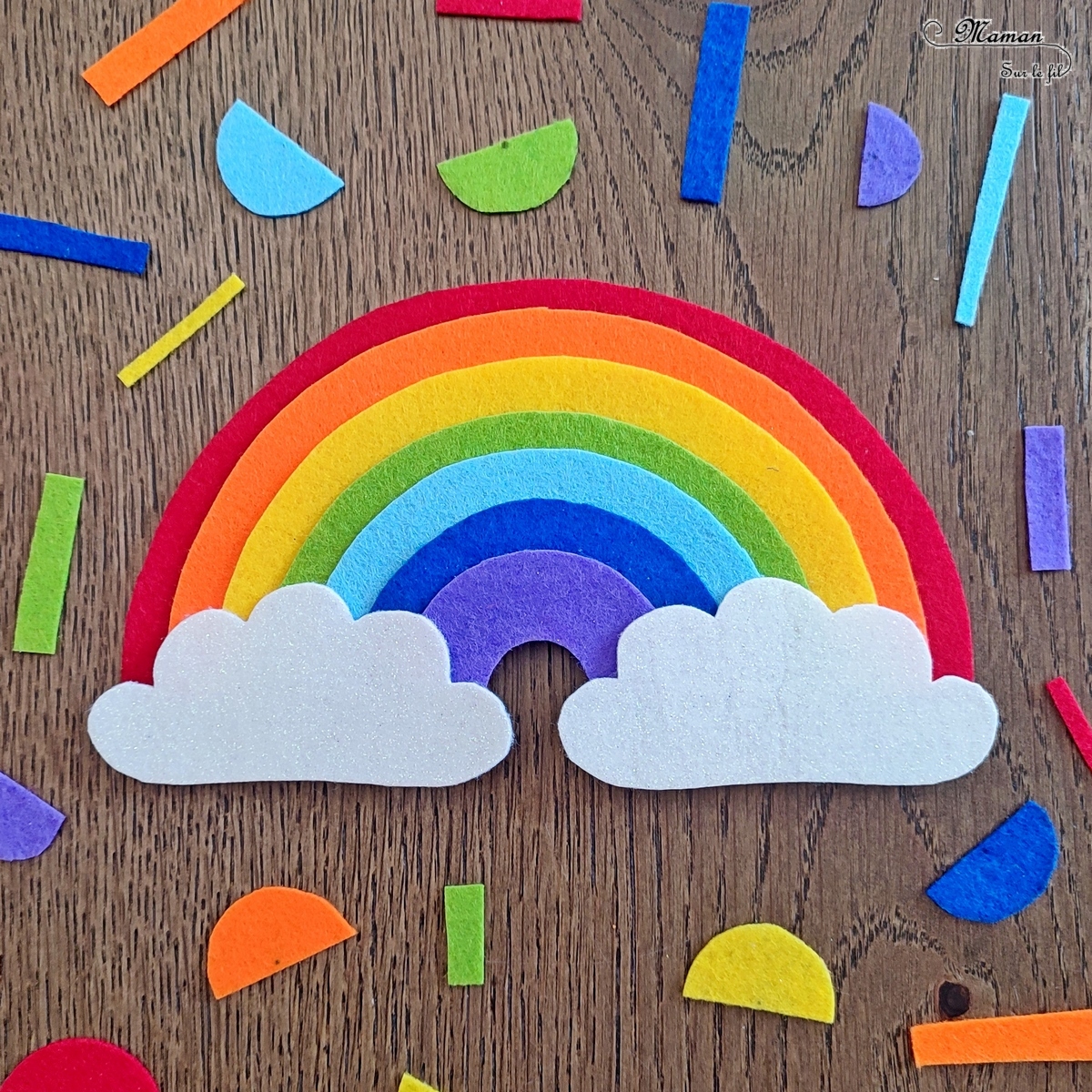 Activité créative, manuelle et pédagogique enfants - Puzzle Arc-en-ciel en feutrine - Association couleurs et / ou rangement par taille, logique - Couleurs - Nuages brillants - Cercles et compas - Découpage, jeu DIY - Bricolage facile et rapide pour un thème sur la météo, le ciel, le printemps ou l'été - Arts visuels et atelier Maternelle et élémentaire - Créativité - Cycle 1 ou 2 - tutoriel photos - mslf