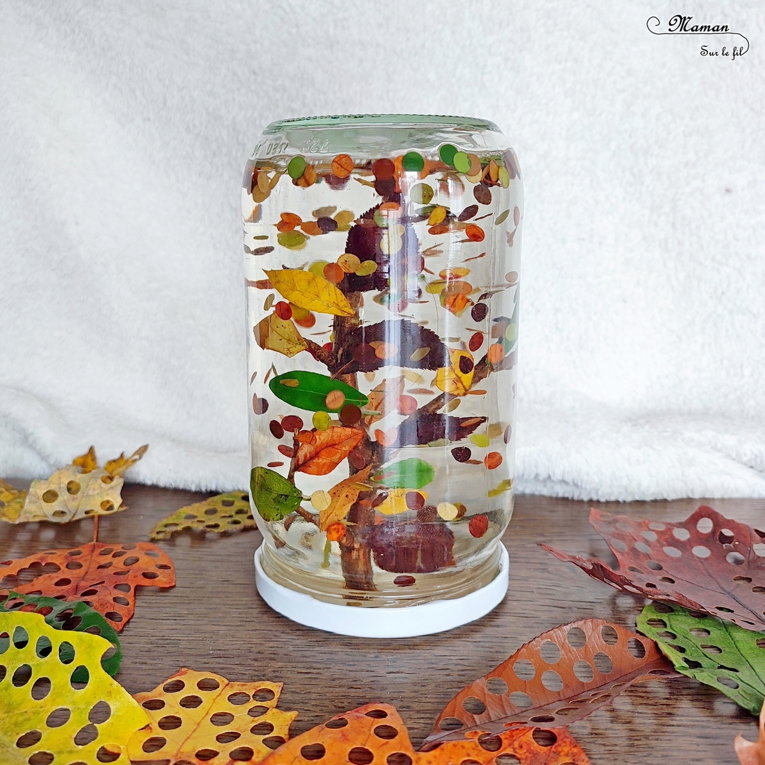 Activité créative et manuelle enfants - Fabriquer une boule à neige automnale avec un vieux bocal - Récup' et Nature - Arbre et feuilles d'automne - Perforer des feuilles mortes - Perforatrice et motricité fine - Thème Automne - Bricolage et décoration facile et rapide - Arts visuels et atelier Maternelle et élémentaire - Créativité - Cycle 1 ou 2 - tutoriel photos - mslf