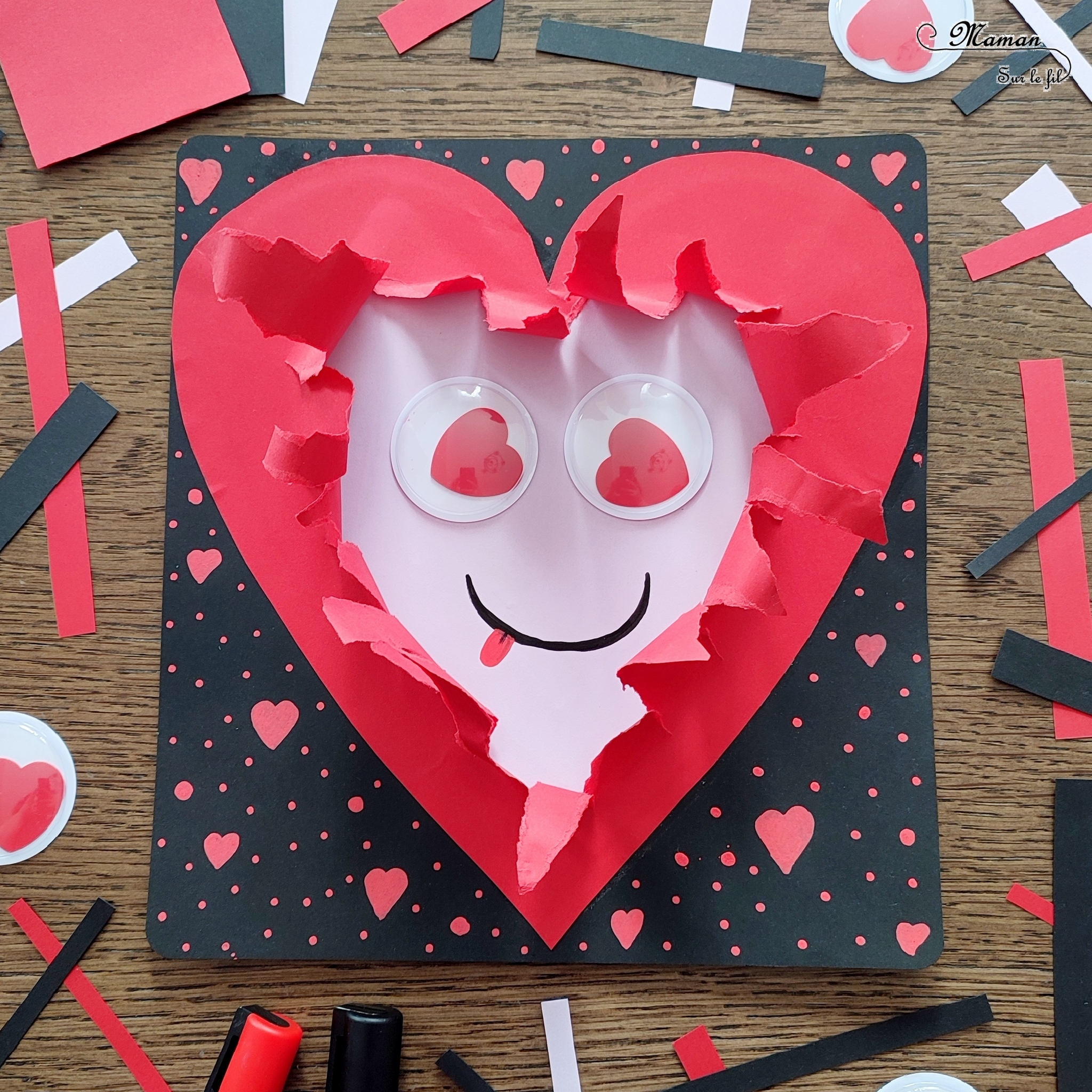 Fabriquer un coeur déchiré en son centre pour la Saint-Valentin ou tout autre occasion : activité créative et manuelle enfants - Récup' de chutes de papier divers - Déchirer, découper et coller du papier - Visage rigolo avec de gros yeux mobiles coeurs - Carte DIY - Fait maison - Dessin et graphismes - Arts visuels et Bricolage maternelle ou élémentaire (cycles 1, 2 et 3) - Thème Saint-Valentin, Amour, Amitié, à offrir, fête des mères, pères, grands-mères, grands-pères - Créativité - tutoriel photos - mslf