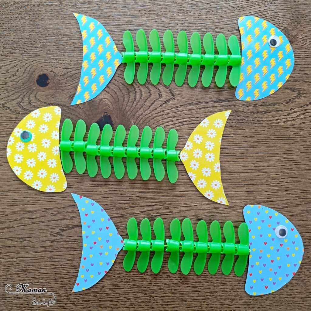 Fabriquer des poissons avec des bouchons de compote : activité créative, récup' et manuelle enfants - Bricolage rigolo et facile - Récup', recyclage, surcyclage de bouchons en plastique pour faire les arêtes - Travail de la couture, aiguille et fil - Papier à motifs - Thème animaux marins, poissons, été, aquarium, mer, océan, 1er avril - Bricolage sympa et facile - Arts visuels Maternelle et cycle 2 - Arts visuels et atelier Maternelle et élémentaire - Créativité - Cycle 1 ou 2 - tutoriel photos - mslf