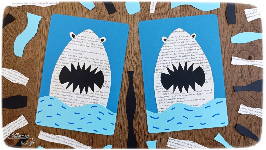 Créer un requin avec des pages de livre : activité créative, récup' et manuelle enfants - Recyclage d'un vieux livre abîmé - Découpage, collage, dessin - Thème animaux marins, poissons, été, mer, océans - Bricolage sympa et facile - Arts visuels Maternelle et cycle 2 - Maternelle et élémentaire - Créativité - Cycle 1 ou 2 - tutoriel photos - mslf