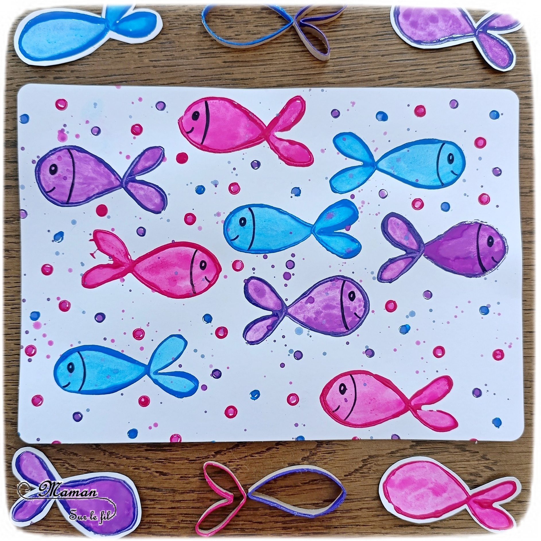 Peindre des poissons avec un rouleau de PQ en carton : activité créative, récup' et manuelle enfants - Peinture avec des rouleaux de papier toilettes en carton et des pailles - Peinture éclaboussée et aquarelle - Recyclage et surcyclage - Thème animaux marins, poissons, été, aquarium, mer, océan - Bricolage sympa et facile - Arts visuels Maternelle et cycle 2 - Arts visuels et atelier Maternelle et élémentaire - Créativité - Cycle 1 ou 2 - tutoriel photos et vidéo - mslf