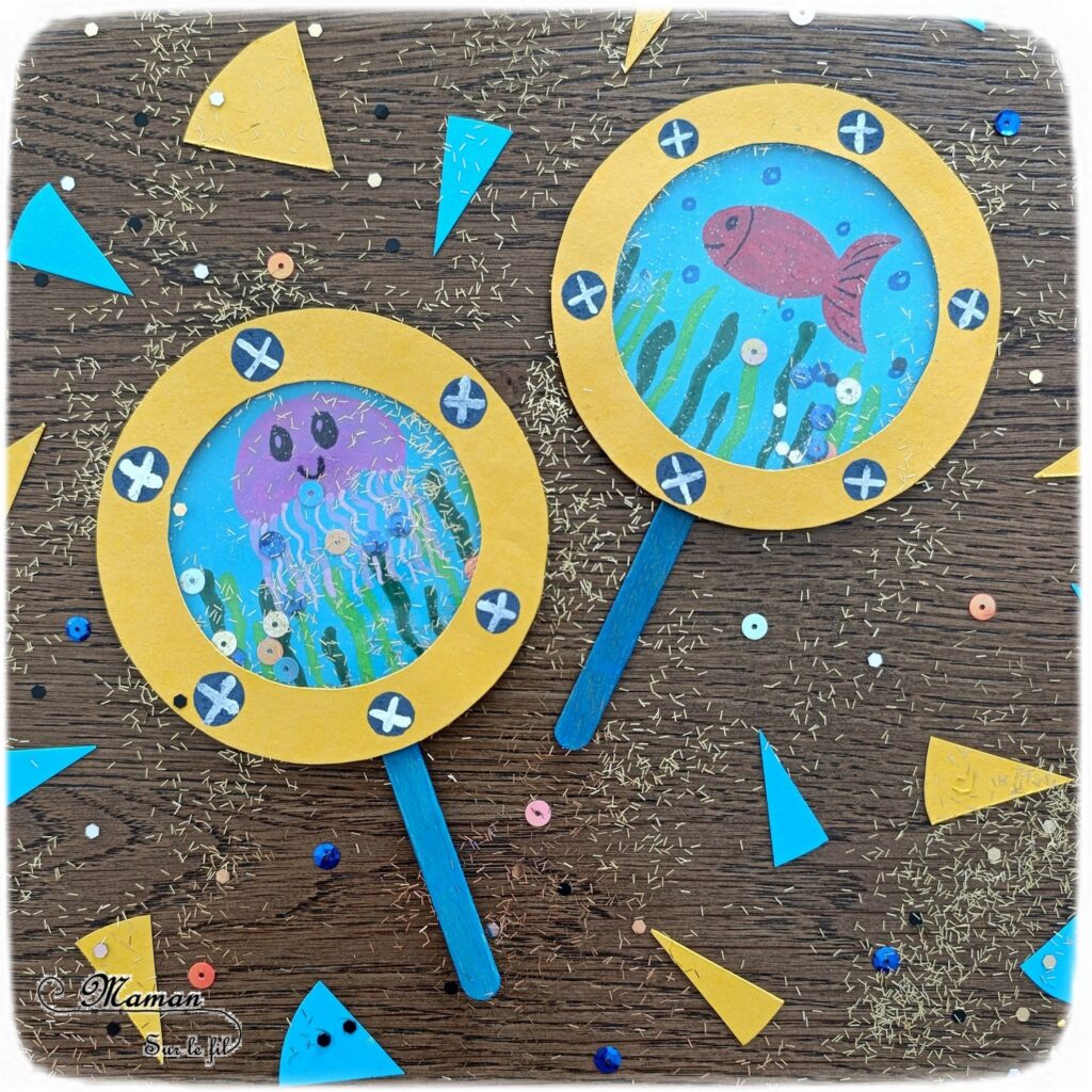 Fabriquer des shakers de la mer à paillettes : un jeu rigolo DIY : activité récup', créative et manuelle enfants - Bricolage ludique et rapide - Découpage, collage et dessin - Recyclage, surcyclage de carton et de bâtonnets de glace en bois - Animaux marins, poisson et méduse - Comme un aquarium ou un hublot - Récup' et motricité fine - Thème animaux marins, poissons, été, mer, océans - Bricolage sympa et facile - Arts visuels Maternelle et élémentaire - Créativité - Fait maison - Cycle 1 ou 2 - tutoriel photos et vidéo - mslf