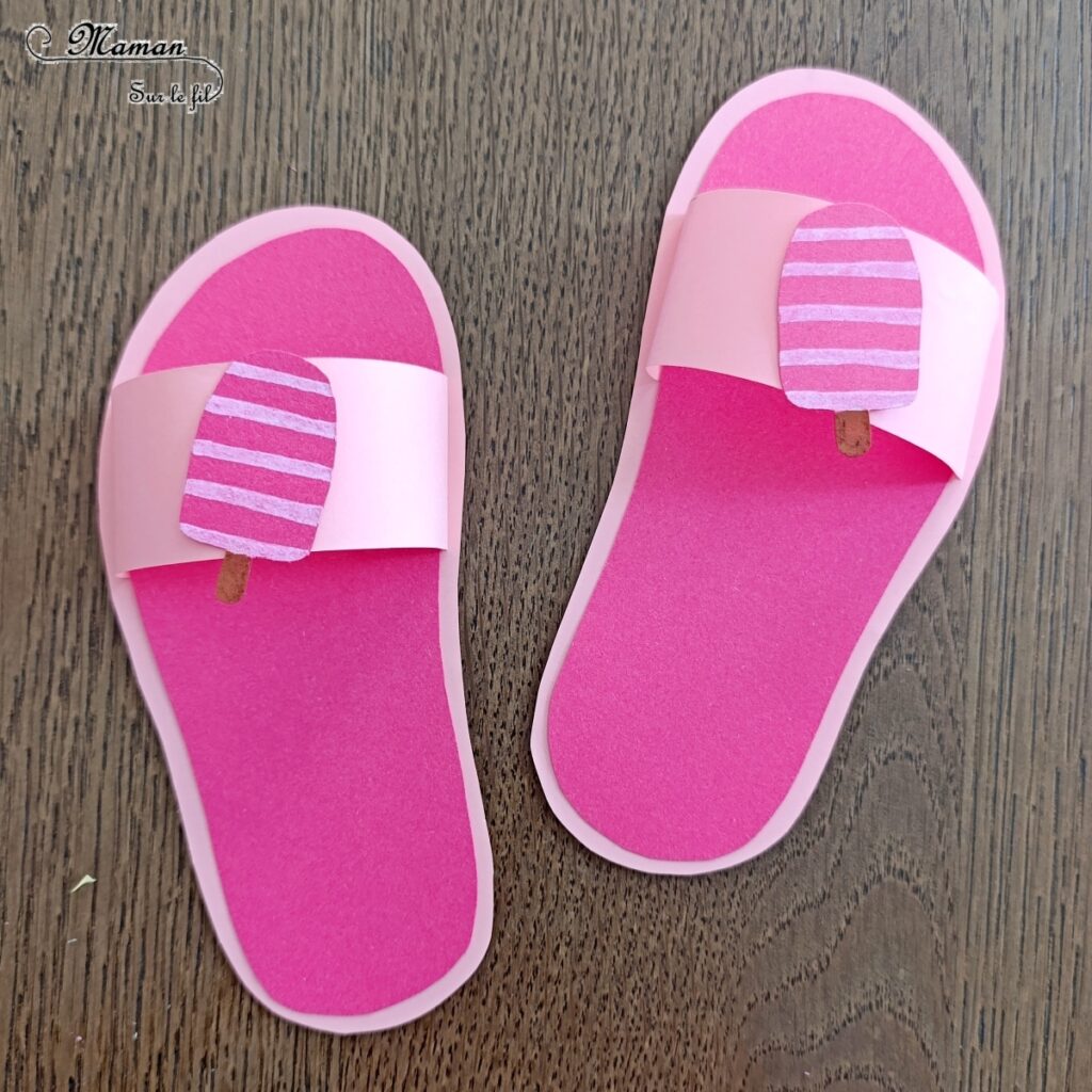 Fabriquer des tongs estivales en papier : activité créative et manuelle enfants - Chaussures d'été, claquettes, tatanes - Avec décoration Citron, Glace et soleil - Découpage, collage, Dessin - Thème été, plage, mer, vacances - Bricolage sympa et facile - Arts visuels Maternelle et cycle 2 - Maternelle et élémentaire - Créativité - Cycle 1 ou 2 - tutoriel photos - mslf