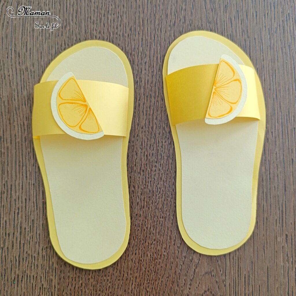 Fabriquer des tongs estivales en papier : activité créative et manuelle enfants - Chaussures d'été, claquettes, tatanes - Avec décoration Citron, Glace et soleil - Découpage, collage, Dessin - Thème été, plage, mer, vacances - Bricolage sympa et facile - Arts visuels Maternelle et cycle 2 - Maternelle et élémentaire - Créativité - Cycle 1 ou 2 - tutoriel photos - mslf