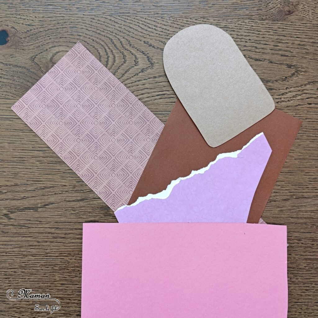 Fabriquer des glaces en papier déchiré et récup' : activité créative, récup' et manuelle enfants - Bricolage à partir de chutes de papiers unis et à motifs - Recyclage, surcyclage de bâtonnets de glace en bois et de carton - Déchirage, collage - Thème gourmandises, sucre, alimentation, anniversaires, été - Décoration - Bricolage sympa et facile - Arts visuels Maternelle et cycle 2 - Arts visuels et atelier nature Maternelle et élémentaire - Créativité - Cycle 1 ou 2 - tutoriel photos - mslf