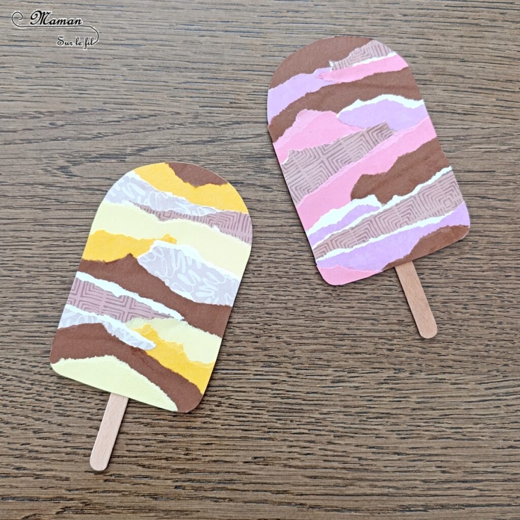 Fabriquer des glaces en papier déchiré et récup' : activité créative, récup' et manuelle enfants - Bricolage à partir de chutes de papiers unis et à motifs - Recyclage, surcyclage de bâtonnets de glace en bois et de carton - Déchirage, collage - Thème gourmandises, sucre, alimentation, anniversaires, été - Décoration - Bricolage sympa et facile - Arts visuels Maternelle et cycle 2 - Arts visuels et atelier nature Maternelle et élémentaire - Créativité - Cycle 1 ou 2 - tutoriel photos - mslf