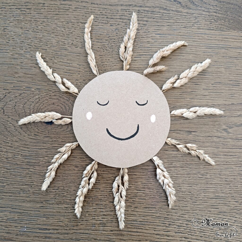 Créer un soleil en carton et herbes séchées : activité créative, récup', nature et manuelle enfants - Recyclage, surcyclage de carton - Rayons faits avec des herbes séchées ou des épis de blé - Atelier nature, Land art - Découpage, collage - Thème météo, été- Bricolage sympa et facile - Arts visuels Maternelle et cycle 2 - Maternelle et élémentaire - Créativité - Cycle 1 ou 2 - tutoriel photos - mslf