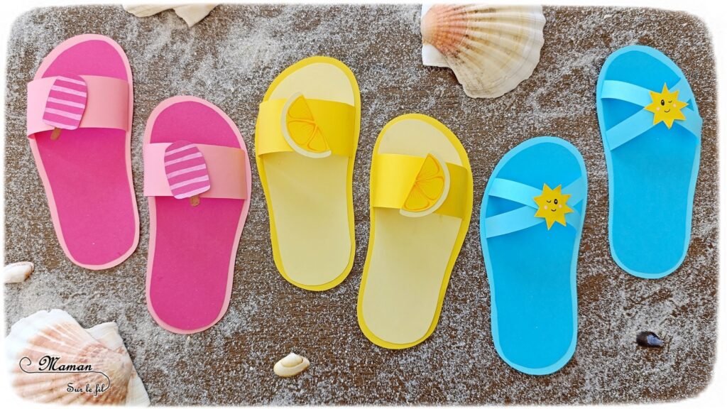 Fabriquer des tongs estivales en papier : activité créative et manuelle enfants - Chaussures d'été, claquettes, tatanes - Avec décoration Citron, Glace et soleil - Découpage, collage, Dessin - Thème été, plage, mer, vacances - Bricolage sympa et facile - Arts visuels Maternelle et cycle 2 - Maternelle et élémentaire - Créativité - Cycle 1 ou 2 - tutoriel photos - mslf