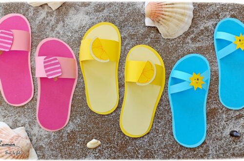 Fabriquer des tongs estivales en papier : activité créative et manuelle enfants - Chaussures d'été, claquettes, tatanes - Avec décoration Citron, Glace et soleil - Découpage, collage, Dessin - Thème été, plage, mer, vacances - Bricolage sympa et facile - Arts visuels Maternelle et cycle 2 - Maternelle et élémentaire - Créativité - Cycle 1 ou 2 - tutoriel photos - mslf