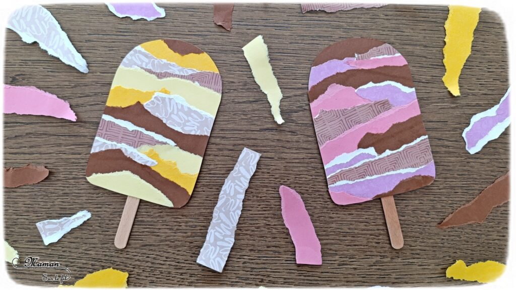 Fabriquer des glaces en papier déchiré et récup' : activité créative, récup' et manuelle enfants - Bricolage à partir de chutes de papiers unis et à motifs - Recyclage, surcyclage de bâtonnets de glace en bois et de carton - Déchirage, collage - Thème gourmandises, sucre, alimentation, anniversaires, été - Décoration - Bricolage sympa et facile - Arts visuels Maternelle et cycle 2 - Arts visuels et atelier nature Maternelle et élémentaire - Créativité - Cycle 1 ou 2 - tutoriel photos - mslf