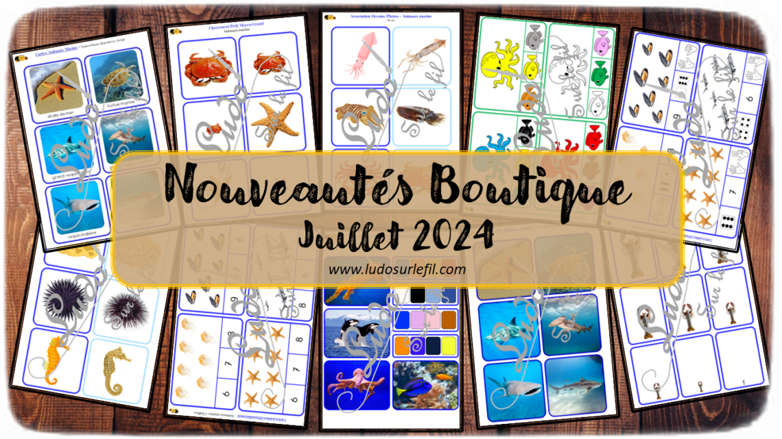 Nouveautés juillet 2024 - Boutique en ligne Ludo sur le fil - fichiers jeux pdf à télécharger et imprimer ou jeux imprimés envoyés à domicile - Thèmes Animaux marins, poissons, été - Cartes à pince - Couleurs, dénombrement, association dessins - photos, cartes Montessori, nomenclature, classifiées, tri, classement, rangement par taille, repère les couleurs - Photos, discrimination visuelle, association, mise en paire, lecture - jeux, activités - atelier autocorrectif multi niveaux donc progressif - Vocabulaire, lexique - Maternelle Cycle 2 - Autonomie - mslf