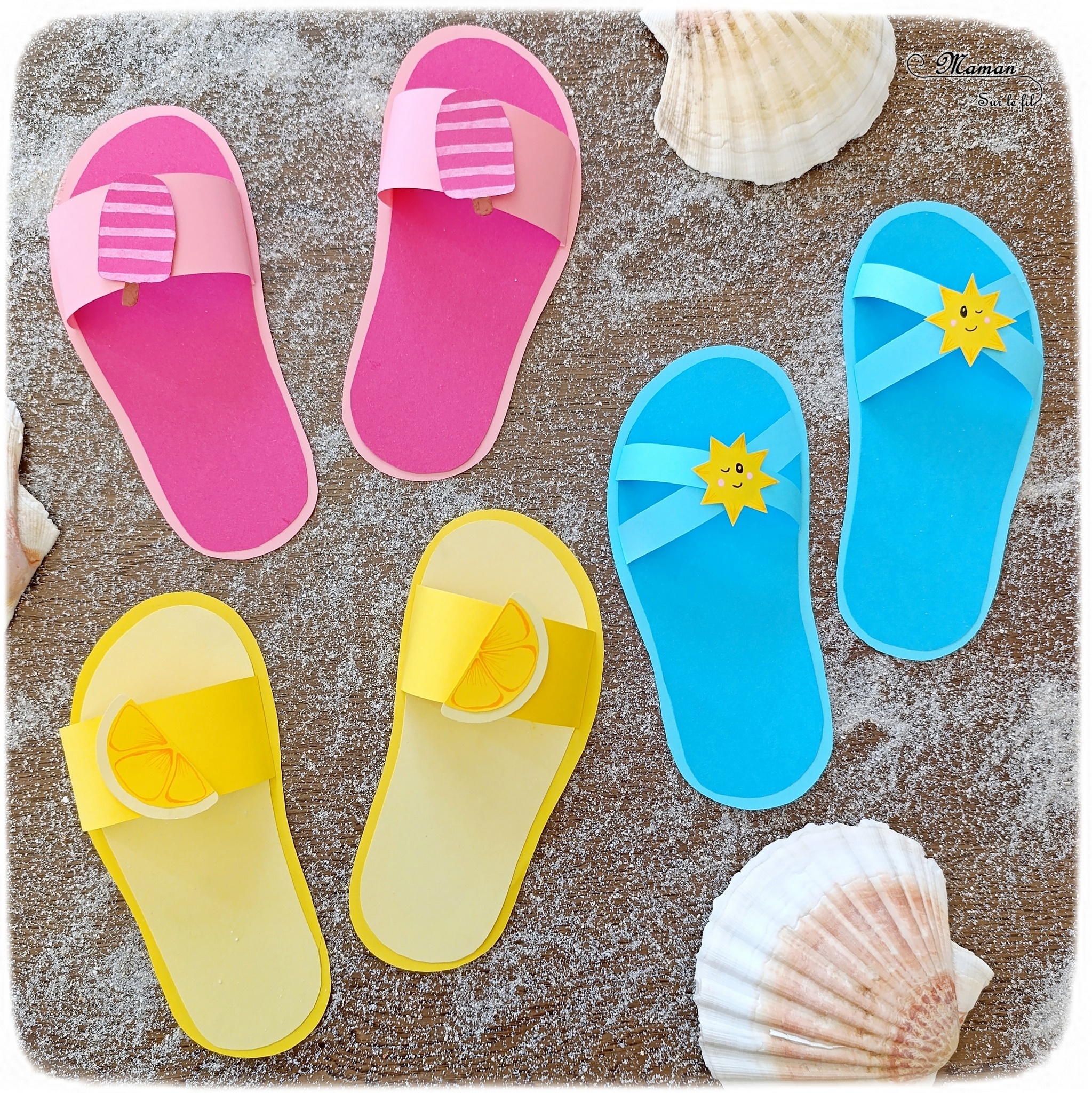 Fabriquer des tongs estivales en papier : activité créative et manuelle enfants - Chaussures d'été, claquettes, tatanes - Avec décoration Citron, Glace et soleil - Découpage, collage, Dessin - Thème été, plage, mer, vacances - Bricolage sympa et facile - Arts visuels Maternelle et cycle 2 - Maternelle et élémentaire - Créativité - Cycle 1 ou 2 - tutoriel photos - mslf