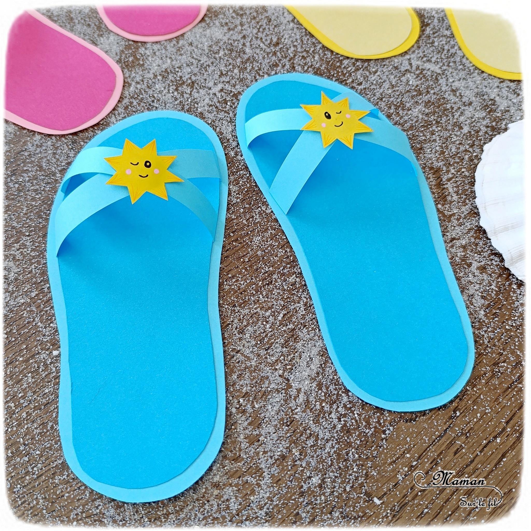 Fabriquer des tongs estivales en papier : activité créative et manuelle enfants - Chaussures d'été, claquettes, tatanes - Avec décoration Citron, Glace et soleil - Découpage, collage, Dessin - Thème été, plage, mer, vacances - Bricolage sympa et facile - Arts visuels Maternelle et cycle 2 - Maternelle et élémentaire - Créativité - Cycle 1 ou 2 - tutoriel photos - mslf