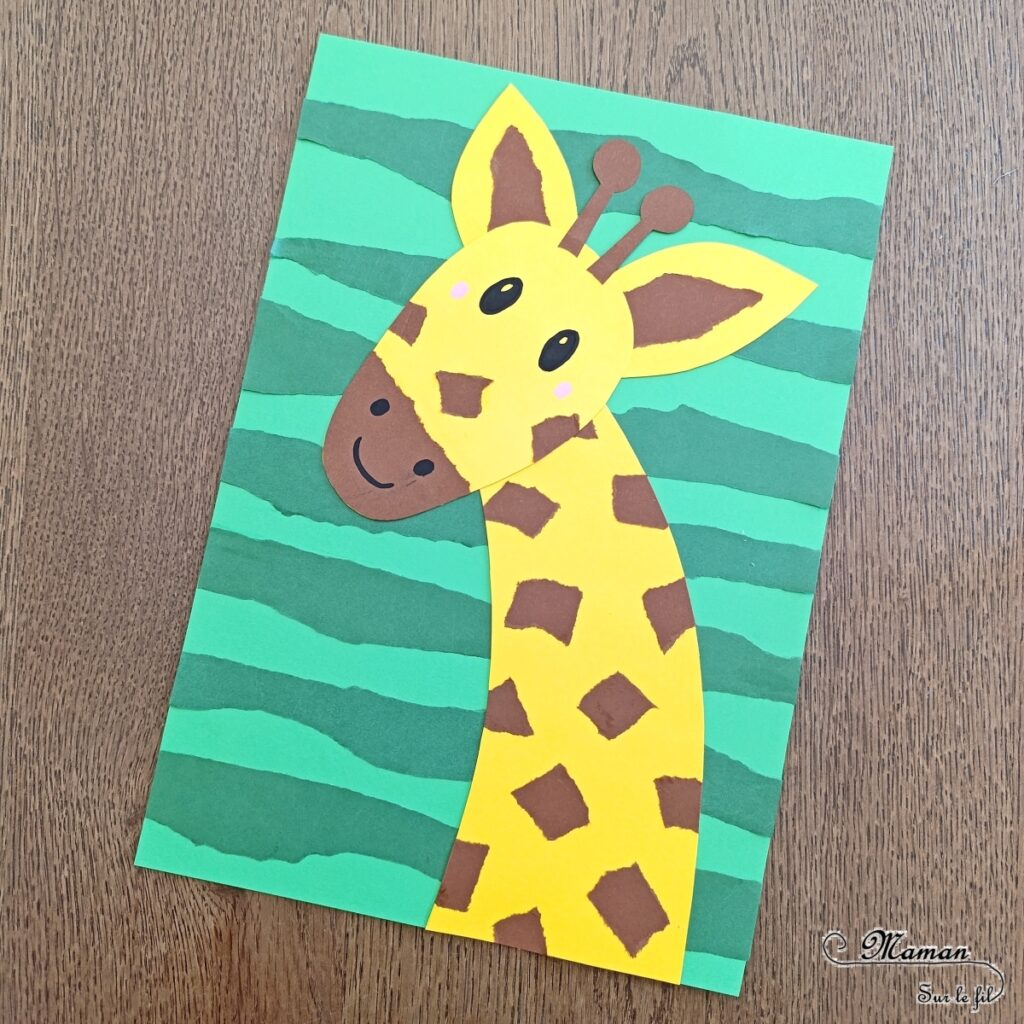 Créer une girafe en papier déchiré : activité créative et manuelle enfants - Utilisation de chutes de papier, découpage, déchirage, collage - Fond rayé avec des bandes de papier déchiré - Thème animaux de la savane, Afrique, safari - Bricolage sympa et facile - Arts visuels Maternelle et cycle 2 - Maternelle et élémentaire - Créativité - Cycle 1 ou 2 - tutoriel photos - mslf