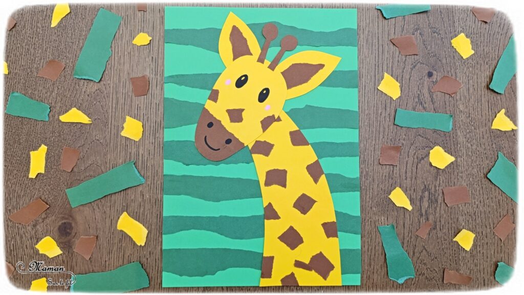 Créer une girafe en papier déchiré : activité créative et manuelle enfants - Utilisation de chutes de papier, découpage, déchirage, collage - Fond rayé avec des bandes de papier déchiré - Thème animaux de la savane, Afrique, safari - Bricolage sympa et facile - Arts visuels Maternelle et cycle 2 - Maternelle et élémentaire - Créativité - Cycle 1 ou 2 - tutoriel photos - mslf