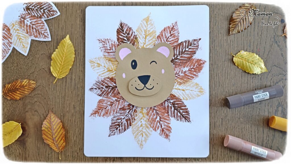 Peindre un lion Nature avec des empreintes de feuilles : activité créative, récup', nature et manuelle enfants - Crinière réalisée avec une technique de peinture avec des éléments naturels : Feuilles et gouache en stick - Recyclage, surcyclage de carton - Atelier nature, Land art - Découpage, collage - Thème animaux de la savane, Afrique, automne, forêt - Bricolage sympa et facile - Arts visuels Maternelle et cycle 2 - Maternelle et élémentaire - Créativité - Cycle 1 ou 2 - tutoriel photos et vidéo - mslf