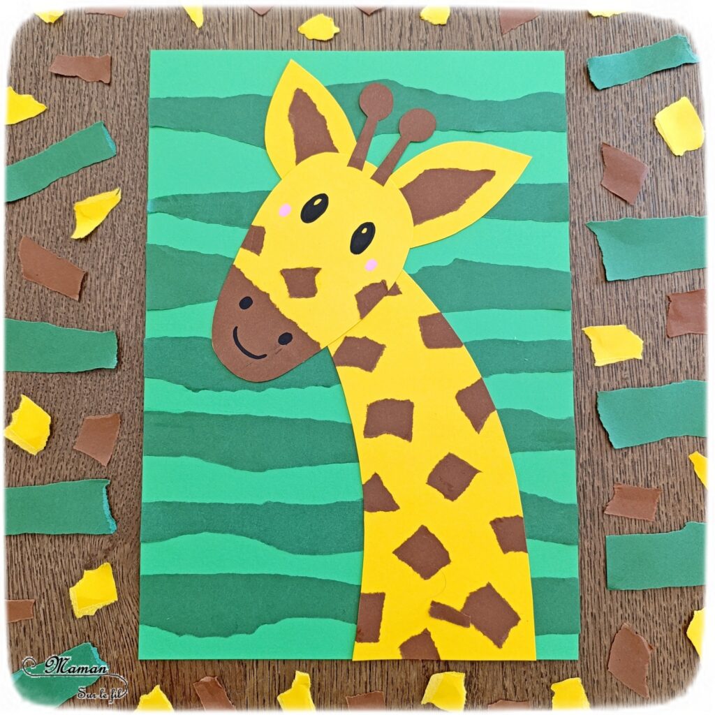 Créer une girafe en papier déchiré : activité créative et manuelle enfants - Utilisation de chutes de papier, découpage, déchirage, collage - Fond rayé avec des bandes de papier déchiré - Thème animaux de la savane, Afrique, safari - Bricolage sympa et facile - Arts visuels Maternelle et cycle 2 - Maternelle et élémentaire - Créativité - Cycle 1 ou 2 - tutoriel photos - mslf