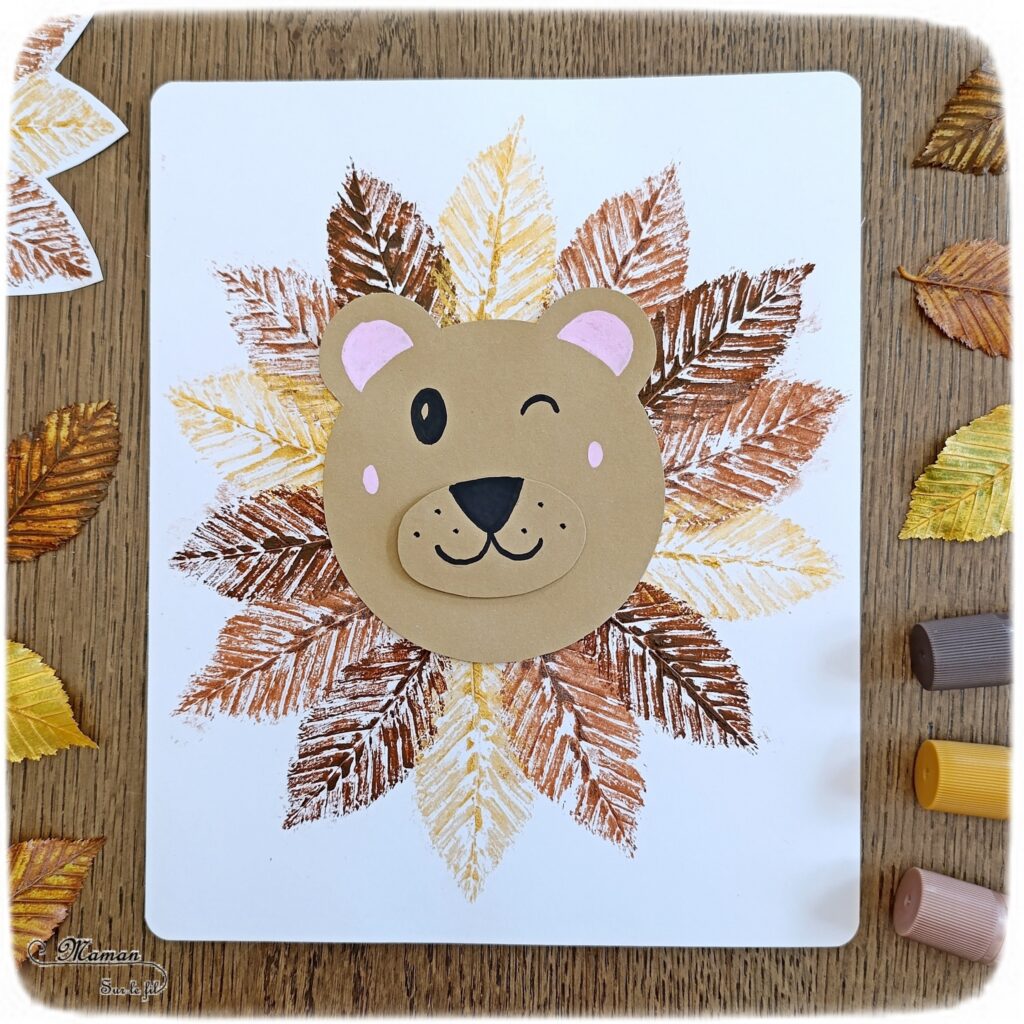 Peindre un lion Nature avec des empreintes de feuilles : activité créative, récup', nature et manuelle enfants - Crinière réalisée avec une technique de peinture avec des éléments naturels : Feuilles et gouache en stick - Recyclage, surcyclage de carton - Atelier nature, Land art - Découpage, collage - Thème animaux de la savane, Afrique, automne, forêt - Bricolage sympa et facile - Arts visuels Maternelle et cycle 2 - Maternelle et élémentaire - Créativité - Cycle 1 ou 2 - tutoriel photos et vidéo - mslf