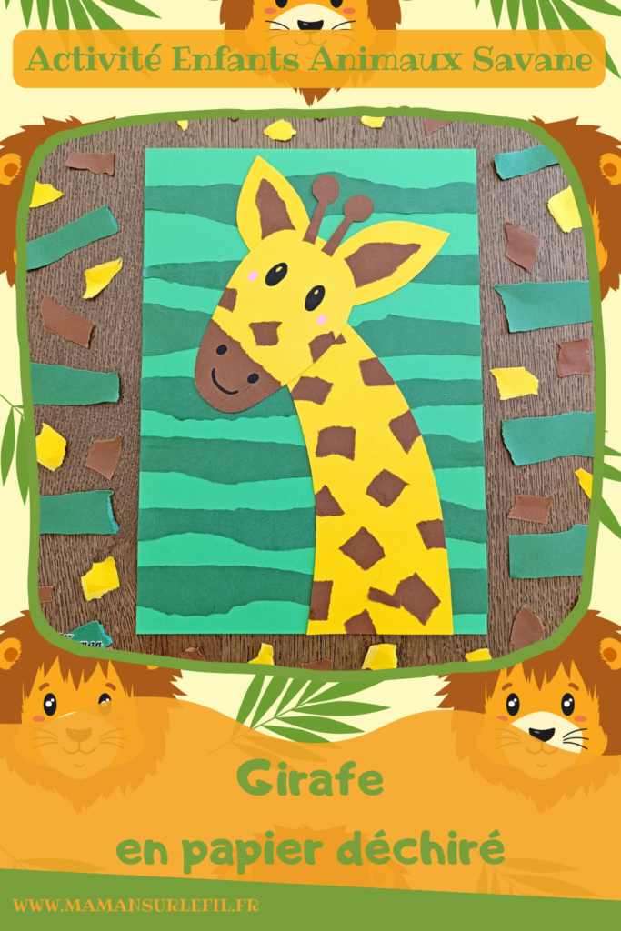 Créer une girafe en papier déchiré : activité créative et manuelle enfants - Utilisation de chutes de papier, découpage, déchirage, collage - Fond rayé avec des bandes de papier déchiré - Thème animaux de la savane, Afrique, safari - Bricolage sympa et facile - Arts visuels Maternelle et cycle 2 - Maternelle et élémentaire - Créativité - Cycle 1 ou 2 - tutoriel photos - mslf