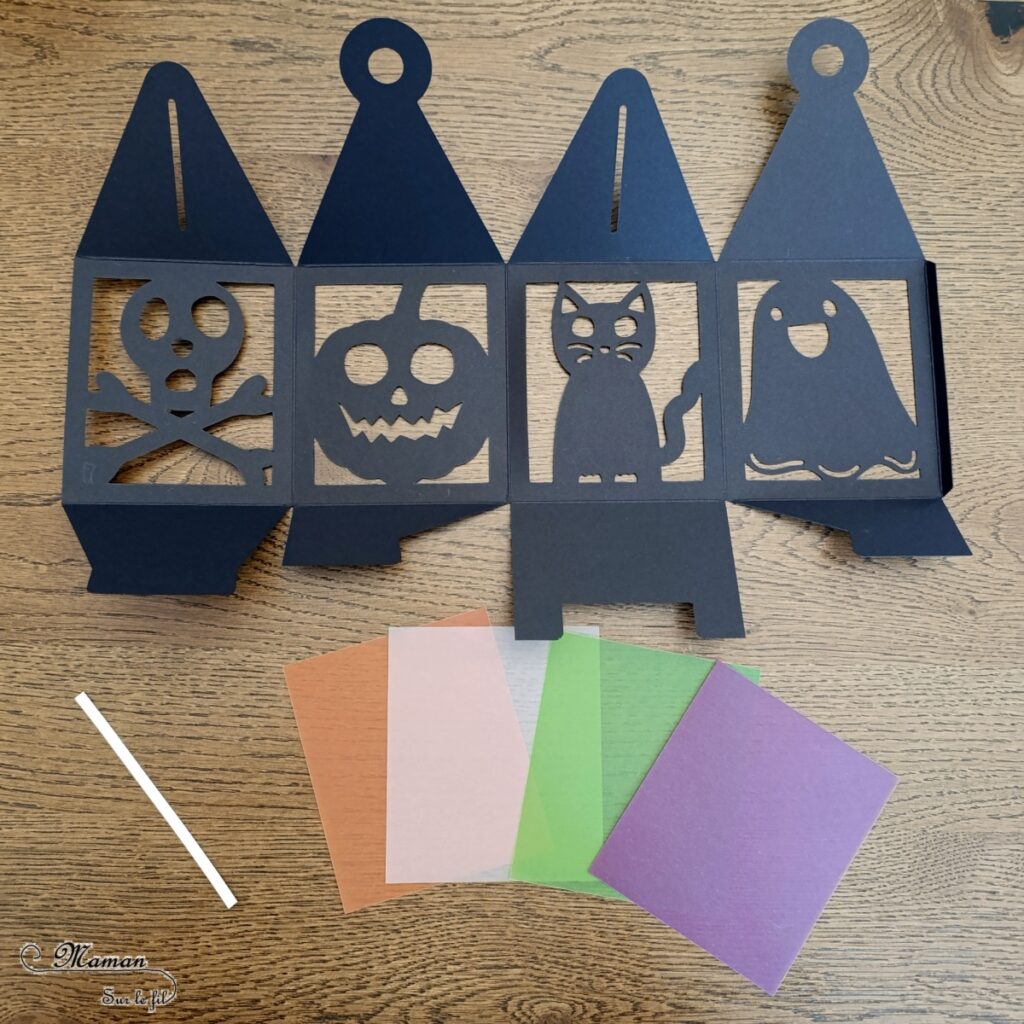 Fabriquer une lanterne lumineuse d'Halloween : activité créative et manuelle enfants - Tutoriel et tout le matériel vient de chez 10 Doigts - Collage de papier de soie de couleur pour effet transparence - Lanterne avec squelette, citrouille, fantôme, chat - Kit tout compris - Bricolage, DIY, décoration pour Halloween - Fait maison - Thème Halloween et créatures imaginaires et légendaires - Bricolage sympa et facile - Arts visuels Maternelle et cycle 2 - Maternelle et élémentaire - Créativité - Cycle 1 ou 2 - tutoriel photos - mslf