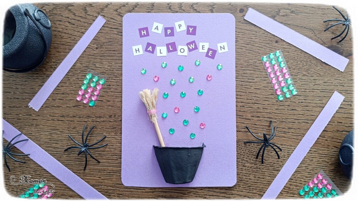 Créer une carte d'Halloween avec un mini chaudron et un balai de sorcière : activité créative, manuelle et récup' enfants - Recyclage, surcyclage d'une boite à oeufs - Découpage, peinture, gommettes, sequins pour les bulles - Balai avec un bâtonnet, de la corde et un élastique - Thème Halloween, Créatures légendaires - Bricolage et décoration sympa et facile - Arts visuels Maternelle et cycle 2 - Maternelle et élémentaire - Créativité - Cycle 1 ou 2 - tutoriel photos - mslf