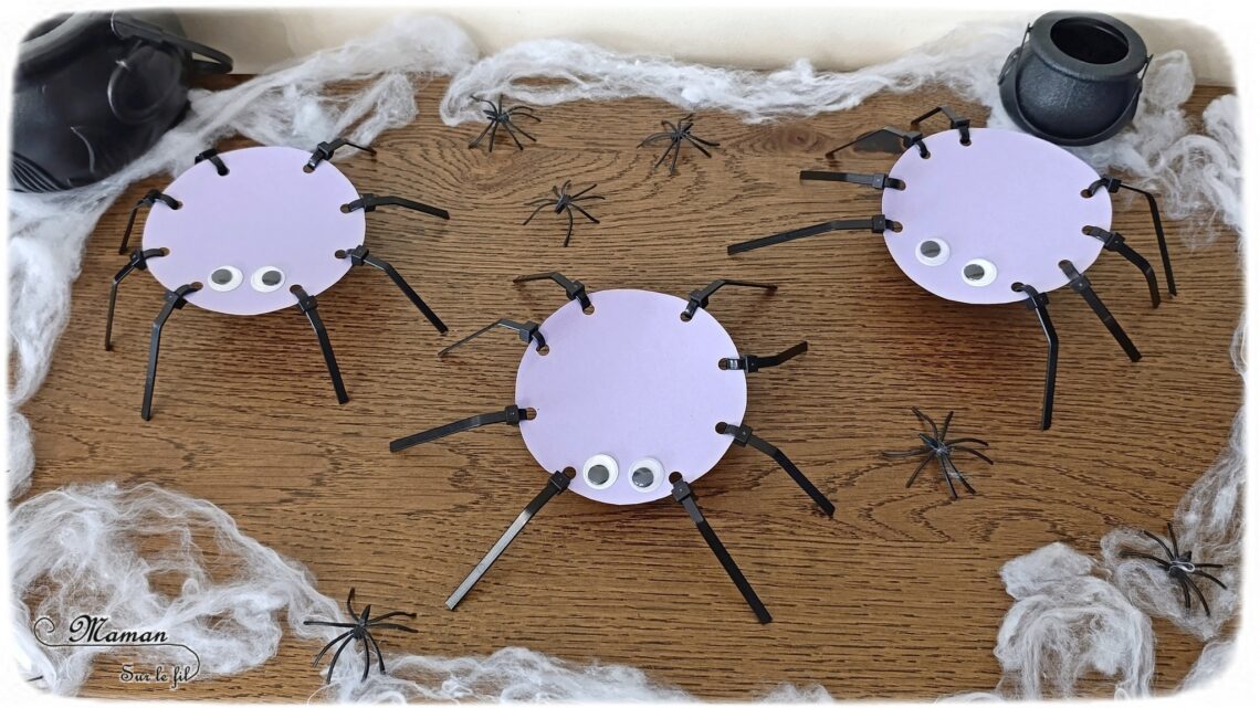 Fabriquer des araignées sauteuses rigolotes : activité créative et manuelle enfants - Tracé d'un cercle au compas, découpage, perforation de 8 trous - Passage de colliers de serrage type colson , rilsan ou serflex - Araignées qui sautent avec le doigt ou avec le souffle et une paille - Bricolage rigolo et magique - Thème Halloween, insectes, petites bêtes - Bricolage et décoration sympa et facile - Arts visuels Maternelle et cycle 2 - Maternelle et élémentaire - Créativité - Cycle 1 ou 2 - tutoriel photos et vidéo - mslf