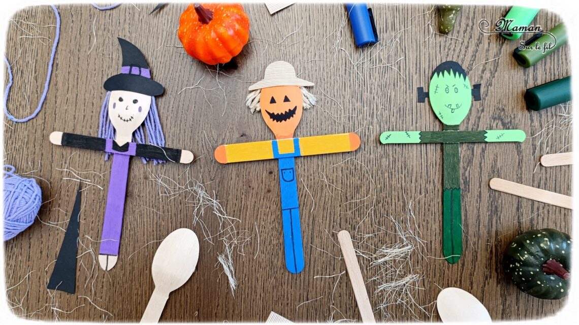 Fabriquer des épouvantails d'Halloween en récup' : activité créative, manuelle et récup' enfants - Recyclage, surcyclage de bâtonnets de glace et de cuillères en bois - Epouvantail Citrouille, Sorcière et Frankenstein avec peinture, papier, marqueurs Peinture - Thème Halloween, Créatures légendaires - Bricolage et décoration sympa et facile - Arts visuels Maternelle et cycle 2 - Maternelle et élémentaire - Créativité - Cycle 1 ou 2 - tutoriel photos - mslf