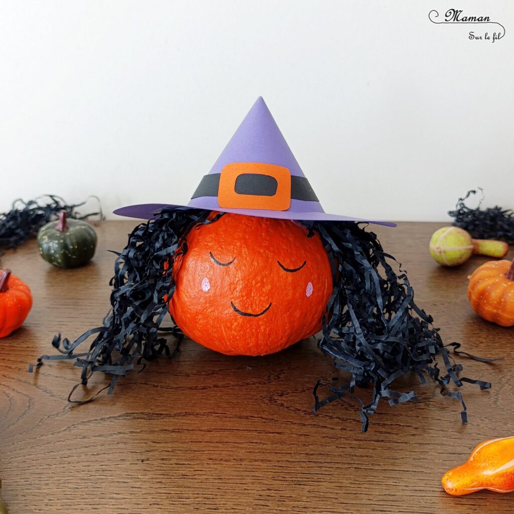 Créer une sorcière avec une citrouille : activité créative, récup' et manuelle enfants - Customisation d'un potimarron - Dessin du visage, fabrication d'un chapeau de sorcière en papier et cheveux avec herbes frisettes en papier - Décoration rigolote et éphémère d'Halloween - Thème automne, Halloween, légumes automnaux et sorcières - Bricolage et décoration sympa et facile - Arts visuels Maternelle et cycle 2 - Maternelle et élémentaire - Créativité - Cycle 1 ou 2 - tutoriel photos - mslf