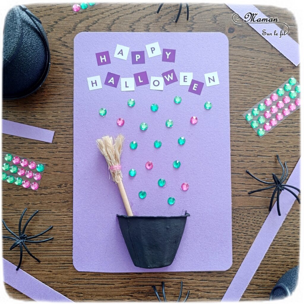 Créer une carte d'Halloween avec un mini chaudron et un balai de sorcière : activité créative, manuelle et récup' enfants - Recyclage, surcyclage d'une boite à oeufs - Découpage, peinture, gommettes, sequins pour les bulles - Balai avec un bâtonnet, de la corde et un élastique - Thème Halloween, Créatures légendaires - Bricolage et décoration sympa et facile - Arts visuels Maternelle et cycle 2 - Maternelle et élémentaire - Créativité - Cycle 1 ou 2 - tutoriel photos - mslf