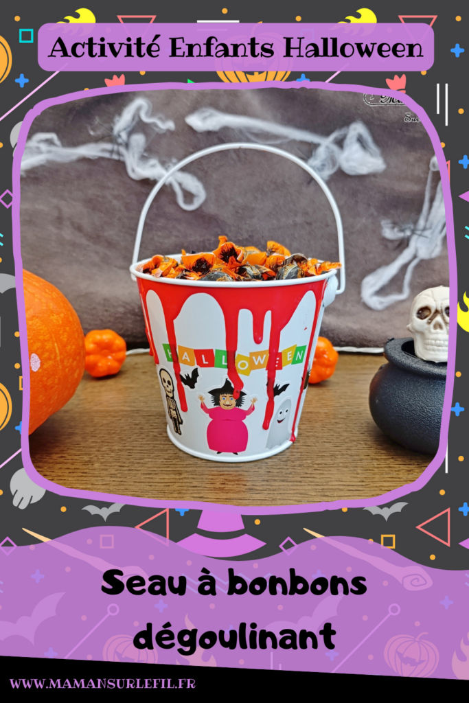 Fabriquer un seau à bonbons d'Halloween dégoulinant : activité créative et manuelle enfants - Tutoriel et tout le matériel vient de chez 10 Doigts - Seau en métal, gommettes et peinture repositionnable pour fenêtre - Effet sang qui coule - Bricolage, DIY, décoration pour Halloween - Fait maison - Kit tout compris - Thème Halloween, chasse aux bonbons - Bricolage sympa et facile - Arts visuels Maternelle et cycle 2 - Maternelle et élémentaire - Créativité - Cycle 1 ou 2 - tutoriel photos - mslf