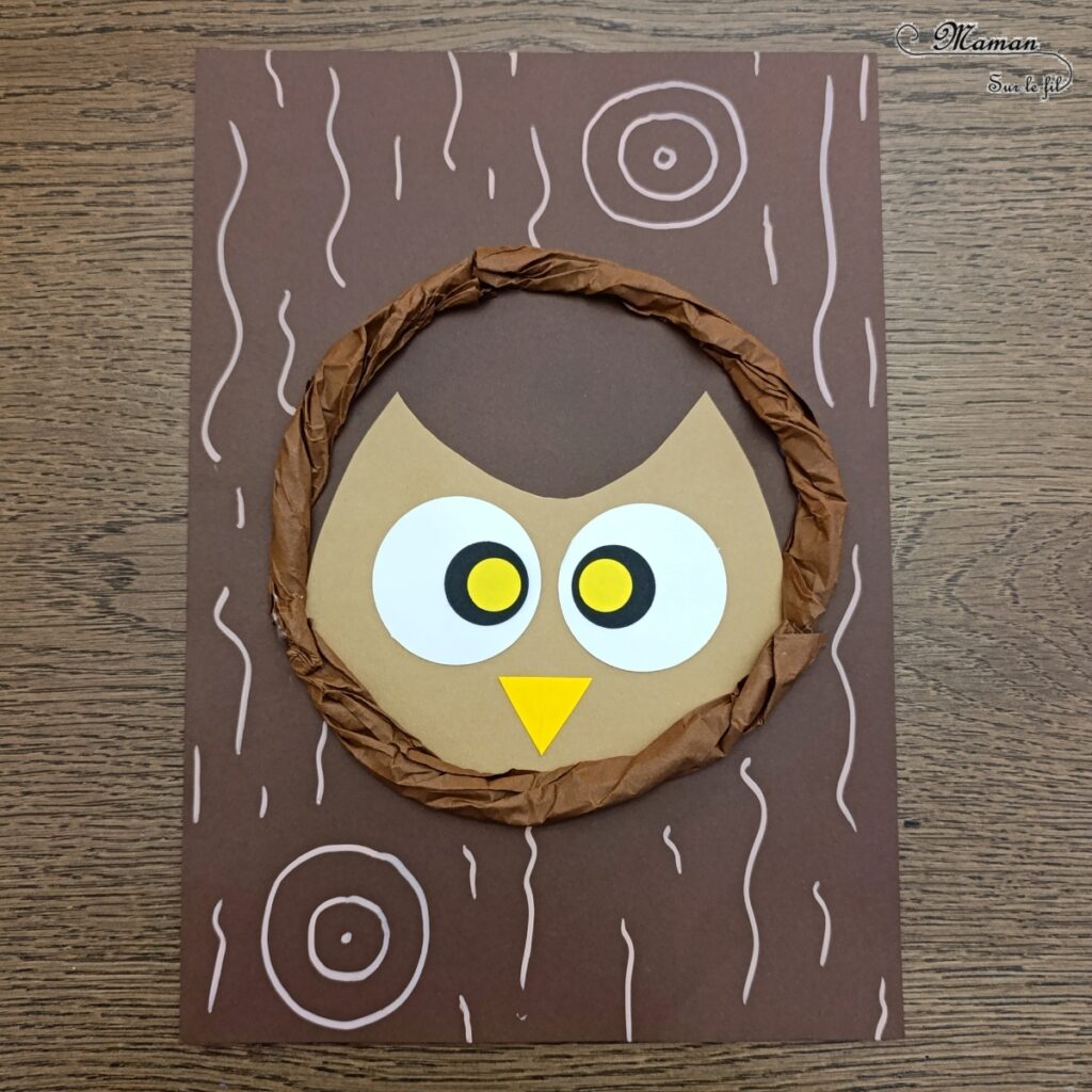 Créer un hibou caché dans son trou d'arbre en papier : activité créative et manuelle enfants - Découpage, collage, papier froissé - Activité facile et rapide au rendu rigolo - Perforatrices Ronds - Cercles - Thème automne, animaux de la forêt, bois, oiseaux, nuit, hiboux et chouettes - Bricolage et décoration sympa et facile - Arts visuels Maternelle et cycle 2 - Maternelle et élémentaire - Créativité - Cycle 1 ou 2 - tutoriel photos - mslf