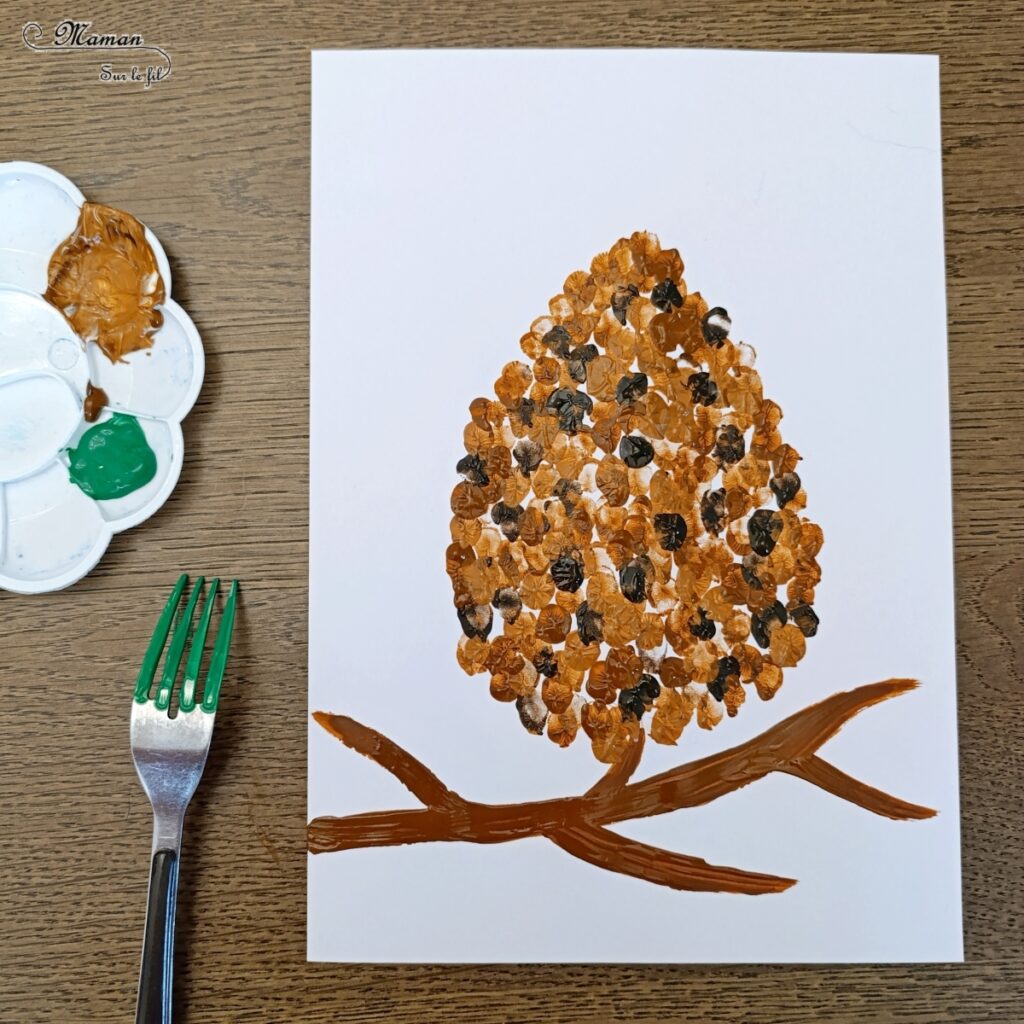 Peindre une pomme de pin avec des empreintes de doigts et une fourchette : activité créative, peinture et manuelle enfants - Techniques de peinture rigolote - Nuances de couleurs marrons et automnales - Atelier nature, forêt, arbres - Thème automne, forêt, arbres - Bricolage et décoration sympa et facile - Arts visuels Maternelle et cycle 2 - Maternelle et élémentaire - Créativité - Cycle 1 ou 2 - tutoriel photos - mslf