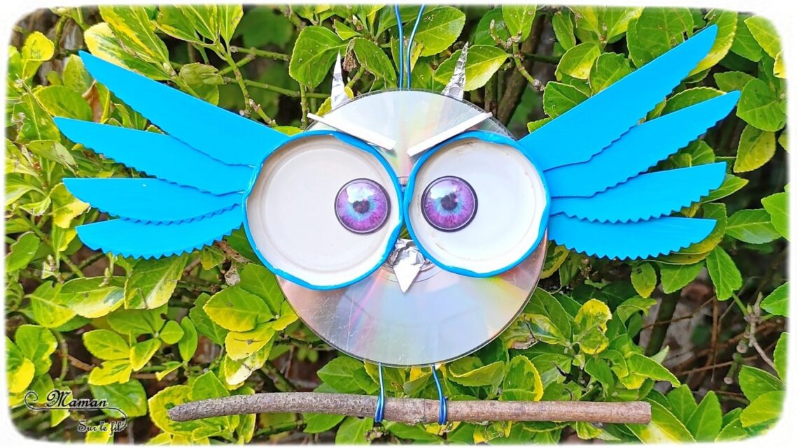 Fabriquer un hibou avec un CD et de la récup' : activité créative, récup' et manuelle enfants - Peinture, bricolage - Utilisation de bouchons, de couteaux en bois, d'un CD et d'aluminium - Décoration, suspension pour le jardin - Recyclage, surcyclage Compact Disc - Atelier Nature pour éloigner les oiseaux du potager et des plantations - Thème automne, animaux de la forêt, oiseaux, hiboux et chouettes - Bricolage et décoration sympa et facile - Arts visuels Maternelle et cycle 2 - Maternelle et élémentaire - Créativité - Cycle 1 ou 2 - tutoriel photos - mslf