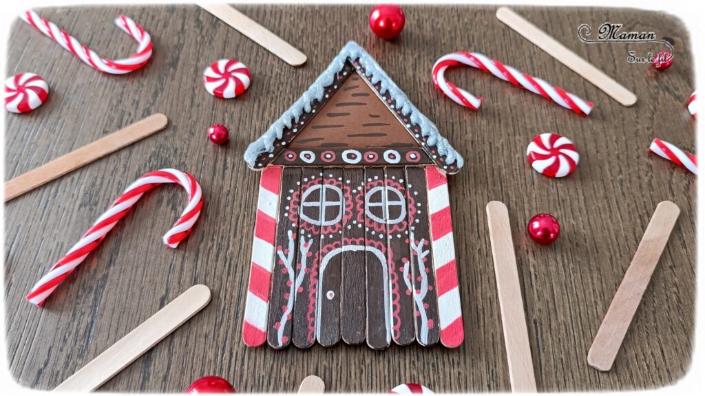 Fabriquer une maison de Noël en récup' de bâtonnets de glace en bois : activité créative, peinture, récup' et manuelle enfants - Bricolage et décoration type Maison en sucre d'orge - Neige au pistolet à colle avec colle chaude à paillettes - Peinture, dessin, graphismes et papier - Thème Noël, hiver et gourmandises - Bricolage et décoration sympa et facile - Arts visuels Maternelle et cycle 2 - Maternelle et élémentaire - Créativité - Cycle 1 ou 2 - tutoriel photos - mslf