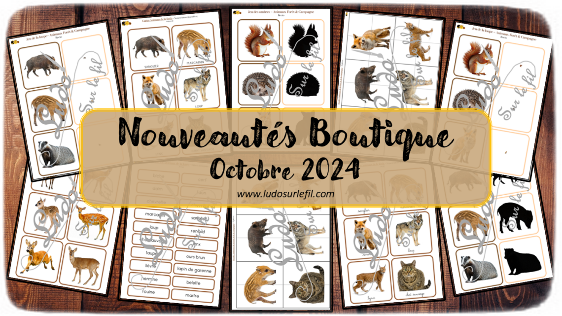 Nouveautés octobre 2024 - Boutique en ligne Ludo sur le fil - fichiers jeux pdf à télécharger et imprimer ou jeux imprimés envoyés à domicile - Thèmes Animaux de la forêt et des campagnes, nature, automne - Puzzles, cartes montessori, nomenclature, classifiées, jeu des ombres, jeu de la loupe, discrimination visuelle - Photos - Association, mise en paire, lecture - jeux, activités - atelier autocorrectif multi niveaux donc progressif - Vocabulaire, lexique - Maternelle Cycle 2 - Autonomie - mslf