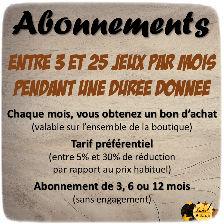 Abonnement mensuel : entre 3 et 25 jeux par mois à tarif préférentiel pendant une durée donnée (3, 6 ou 12 mois) - entre 5% et 30% de réduction par rapport au prix habituel - Au choix sur l'ensemble de la boutique - sans engagement - Bon d'achat envoyé mensuellement à dépenser sur l'ensemble de la boutique - Jeux pédagogiques et éducatifs - PDF à télécharger et à imprimer - lslf