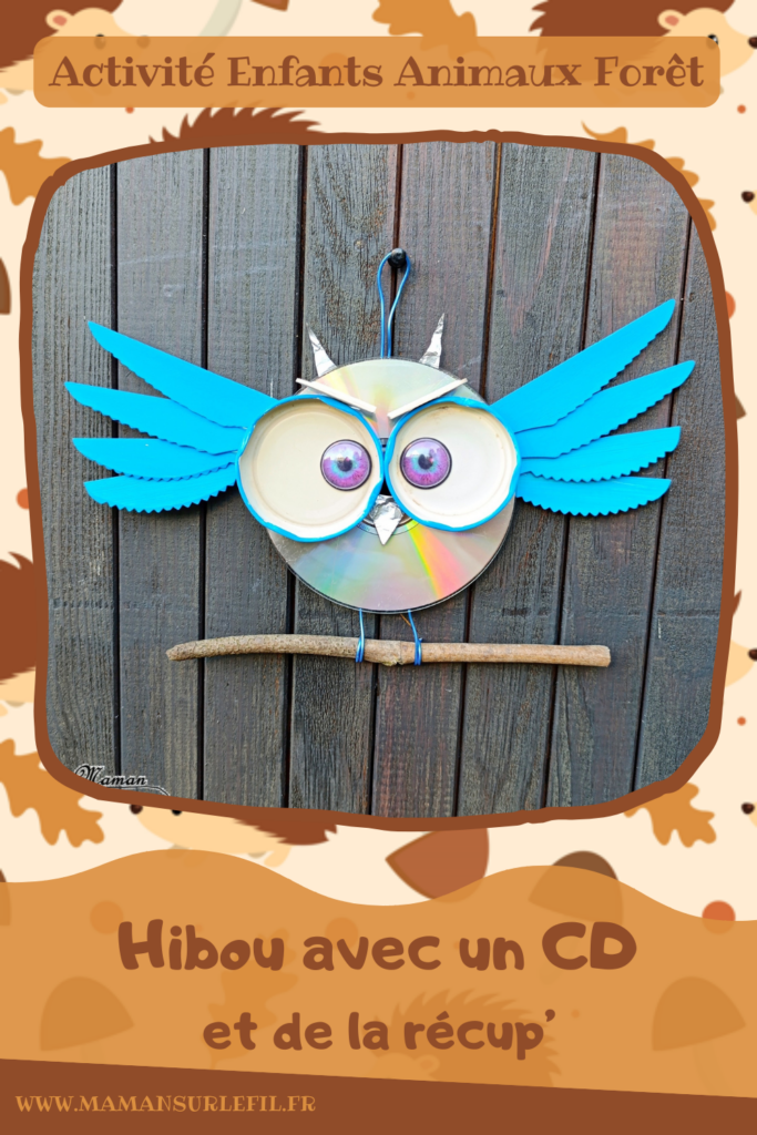 Fabriquer un hibou avec un CD et de la récup' : activité créative, récup' et manuelle enfants - Peinture, bricolage - Utilisation de bouchons, de couteaux en bois, d'un CD et d'aluminium - Décoration, suspension pour le jardin - Recyclage, surcyclage Compact Disc - Atelier Nature pour éloigner les oiseaux du potager et des plantations - Thème automne, animaux de la forêt, oiseaux, hiboux et chouettes - Bricolage et décoration sympa et facile - Arts visuels Maternelle et cycle 2 - Maternelle et élémentaire - Créativité - Cycle 1 ou 2 - tutoriel photos - mslf