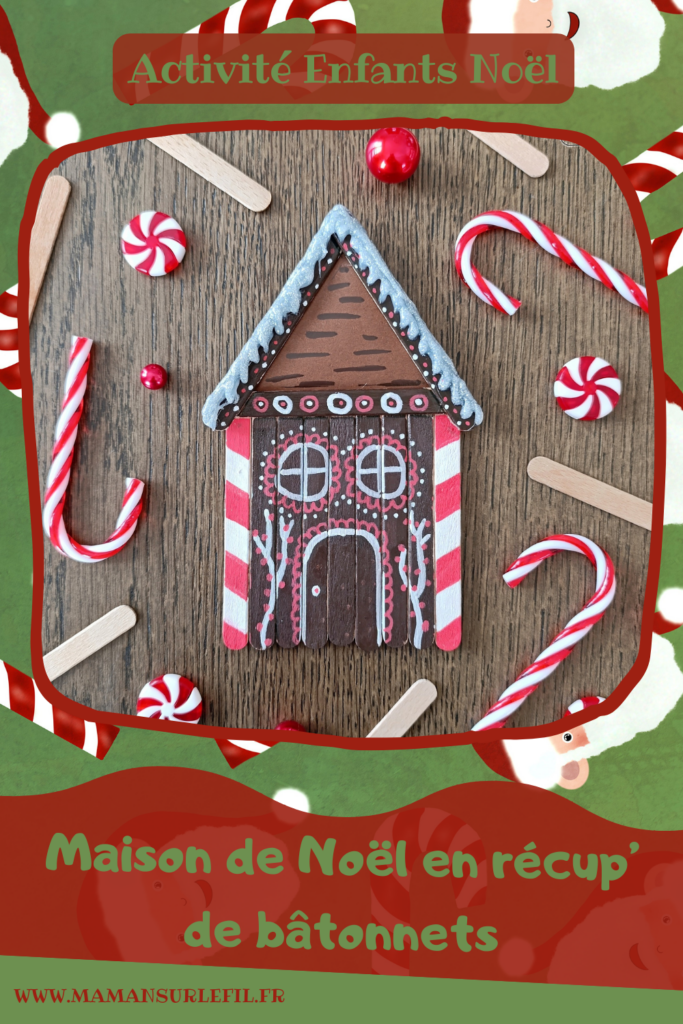 Fabriquer une maison de Noël en récup' de bâtonnets de glace en bois : activité créative, peinture, récup' et manuelle enfants - Bricolage et décoration type Maison en sucre d'orge - Neige au pistolet à colle avec colle chaude à paillettes - Peinture, dessin, graphismes et papier - Thème Noël, hiver et gourmandises - Bricolage et décoration sympa et facile - Arts visuels Maternelle et cycle 2 - Maternelle et élémentaire - Créativité - Cycle 1 ou 2 - tutoriel photos - mslf