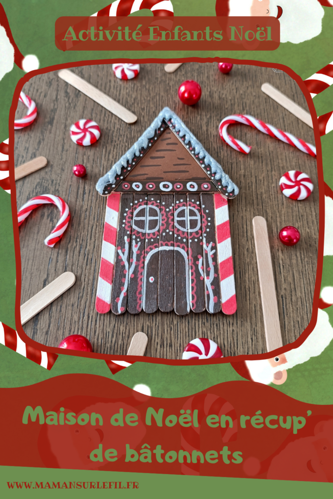 Fabriquer une maison de Noël en récup' de bâtonnets de glace en bois : activité créative, peinture, récup' et manuelle enfants - Bricolage et décoration type Maison en sucre d'orge - Neige au pistolet à colle avec colle chaude à paillettes - Peinture, dessin, graphismes et papier - Thème Noël, hiver et gourmandises - Bricolage et décoration sympa et facile - Arts visuels Maternelle et cycle 2 - Maternelle et élémentaire - Créativité - Cycle 1 ou 2 - tutoriel photos - mslf