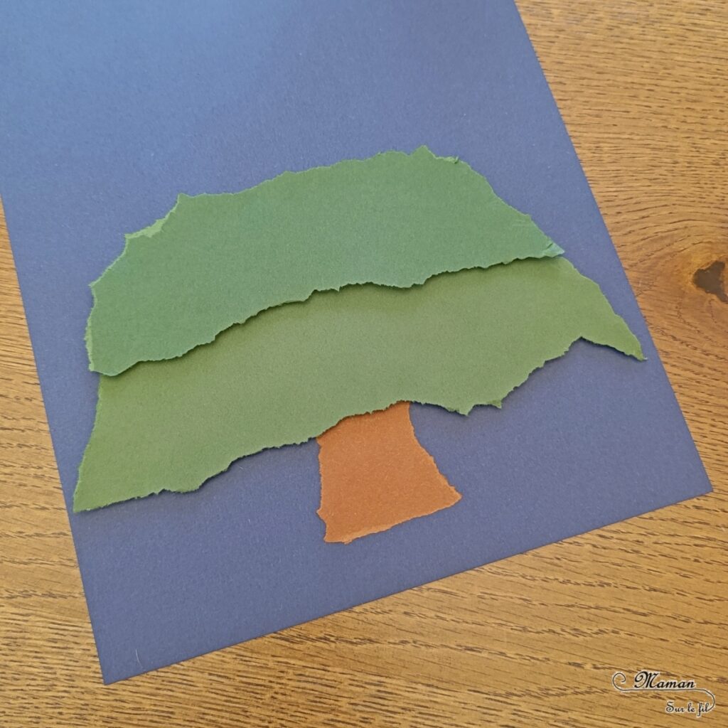 Créer un sapin en papier déchiré et en volume : activité créative et manuelle enfants - Technique du papier déchiré pour le tronc et les branches - Volume apporté par pastilles adhésives double-face en 3D - Gommettes argentées et dorées - Graphismes et dessin - Thème hiver, Noël, arbres, nuit - Bricolage et décoration sympa et facile - Arts visuels Maternelle et cycle 2 - Maternelle et élémentaire - Créativité - Cycle 1 ou 2 - tutoriel photos et vidéo - mslf