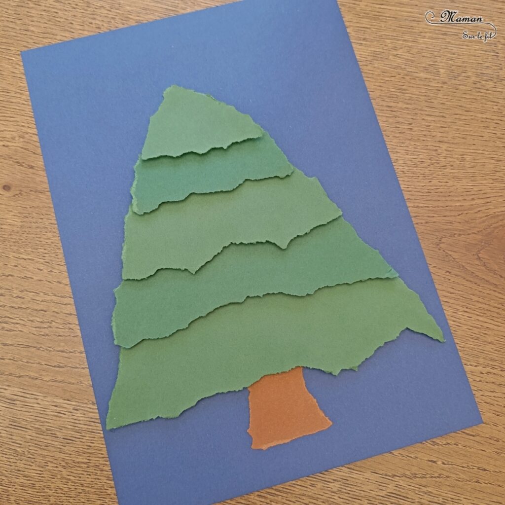 Créer un sapin en papier déchiré et en volume : activité créative et manuelle enfants - Technique du papier déchiré pour le tronc et les branches - Volume apporté par pastilles adhésives double-face en 3D - Gommettes argentées et dorées - Graphismes et dessin - Thème hiver, Noël, arbres, nuit - Bricolage et décoration sympa et facile - Arts visuels Maternelle et cycle 2 - Maternelle et élémentaire - Créativité - Cycle 1 ou 2 - tutoriel photos et vidéo - mslf