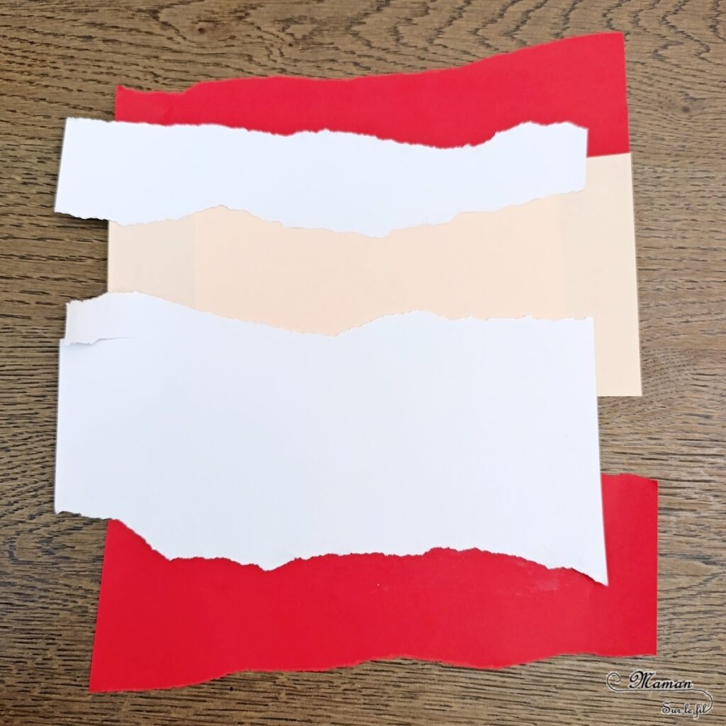 Créer des personnages de Noël en papier déchiré : activité créative et manuelle enfants - Technique du papier en version rectangle - Père Noël, Renne (Rudolphe), Lutin et Gnome de Noël façon galerie de portraits - Découpage, collage- Thème hiver, Noël, animaux du froid - Bricolage et décoration sympa et facile - Arts visuels Maternelle et cycle 2 - Maternelle et élémentaire - Créativité - Cycle 1 ou 2 - tutoriel photos - mslf