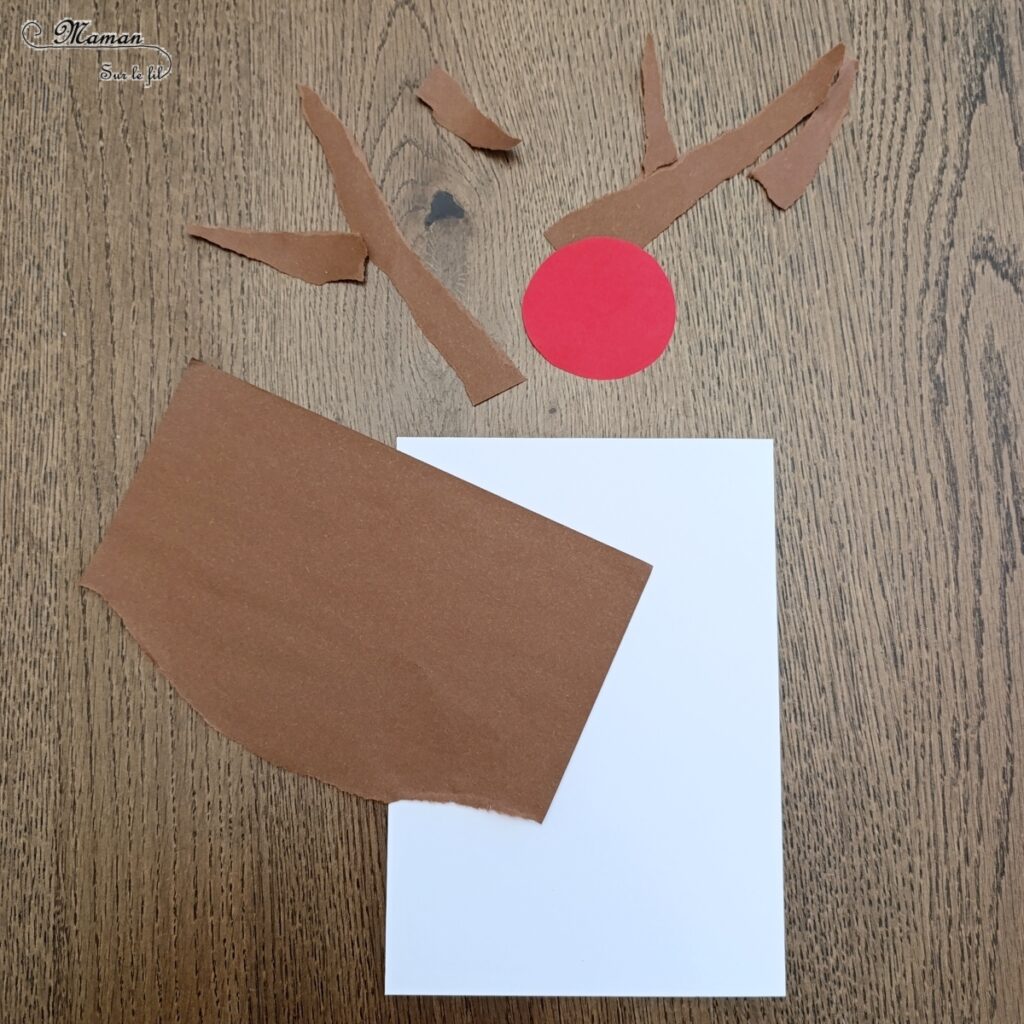 Créer des personnages de Noël en papier déchiré : activité créative et manuelle enfants - Technique du papier en version rectangle - Père Noël, Renne (Rudolphe), Lutin et Gnome de Noël façon galerie de portraits - Découpage, collage- Thème hiver, Noël, animaux du froid - Bricolage et décoration sympa et facile - Arts visuels Maternelle et cycle 2 - Maternelle et élémentaire - Créativité - Cycle 1 ou 2 - tutoriel photos - mslf