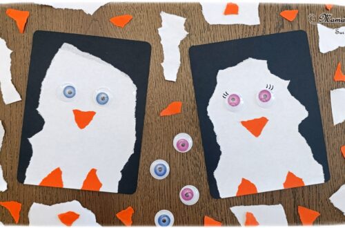 Créer des manchots (ou pingouins) en papier déchiré : activité créative et manuelle enfants - Technique du papier en version rectangle - Manchots mâle et femelle (couple) façon galerie de portraits - Découpage, collage - Thème hiver, animaux du froid et de la banquise - Bricolage et décoration sympa et facile - Arts visuels Maternelle et cycle 2 - Maternelle et élémentaire - Créativité - Cycle 1 ou 2 - tutoriel photos - mslf