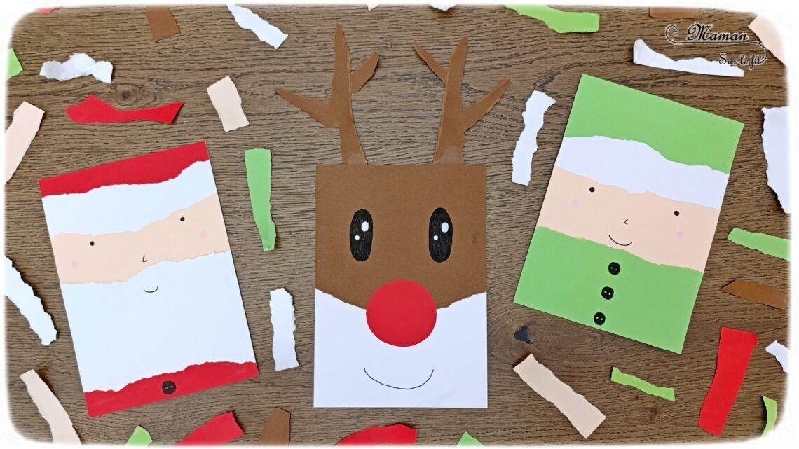 Créer des personnages de Noël en papier déchiré : activité créative et manuelle enfants - Technique du papier en version rectangle - Père Noël, Renne (Rudolphe), Lutin et Gnome de Noël façon galerie de portraits - Découpage, collage- Thème hiver, Noël, animaux du froid - Bricolage et décoration sympa et facile - Arts visuels Maternelle et cycle 2 - Maternelle et élémentaire - Créativité - Cycle 1 ou 2 - tutoriel photos - mslf