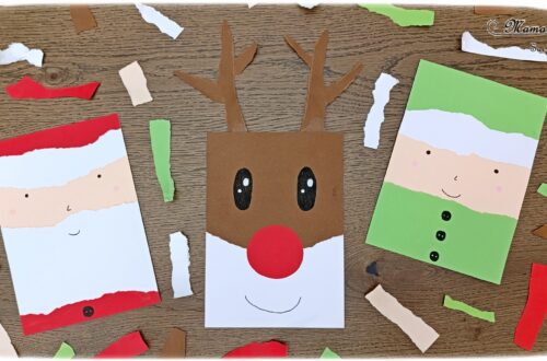 Créer des personnages de Noël en papier déchiré : activité créative et manuelle enfants - Technique du papier en version rectangle - Père Noël, Renne (Rudolphe), Lutin et Gnome de Noël façon galerie de portraits - Découpage, collage- Thème hiver, Noël, animaux du froid - Bricolage et décoration sympa et facile - Arts visuels Maternelle et cycle 2 - Maternelle et élémentaire - Créativité - Cycle 1 ou 2 - tutoriel photos - mslf